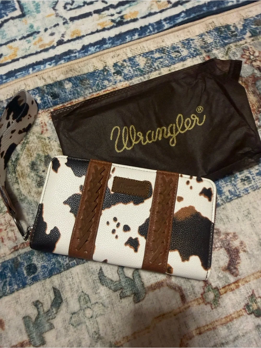 Wrangler Cow-Print Zip Wristlet Wallet in White, Black & Brown